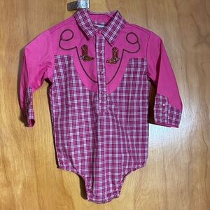 Pink Plaid Western Bodysuit with Embroidery
